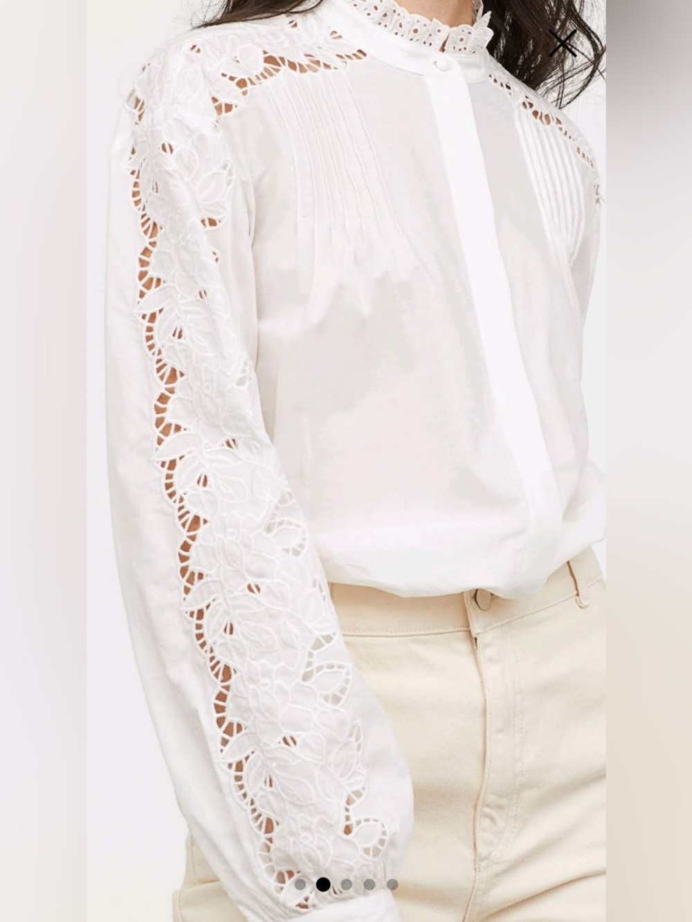 H&M White Eyelet Peasant Cotton Blouse with Floral Cutwork Sleeves